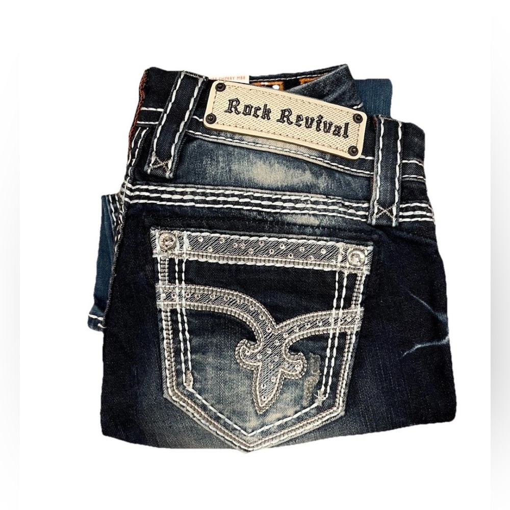 Rock Revival Sherry Mid Rise Bootcut Jeans Women's 25x32 Thick Stitch Distressed